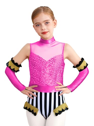 Hansber Zirkus Dompteur Kostüm Für Mädchen Tanz Gymnastik Glitzer Badeanzug Halloween Clown Kostüm Cosplay Pink 146-152 von Hansber