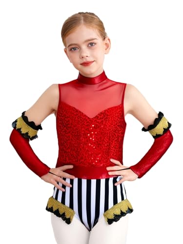 Hansber Zirkus Dompteur Kostüm Für Mädchen Tanz Gymnastik Glitzer Badeanzug Halloween Clown Kostüm Cosplay Rot 146-152 von Hansber