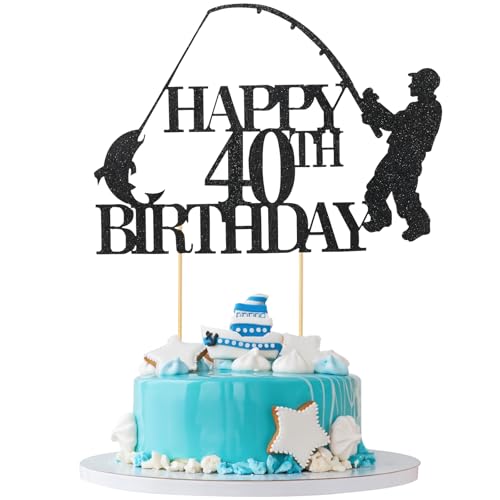 Fishing Cake Topper, Fisherman Happy Birthday Cake Toppers, Fisherman Theme Happy Birthday Party Decoration for Men, Dad, Fishing Lover 40th (Black) von HaoHanEup