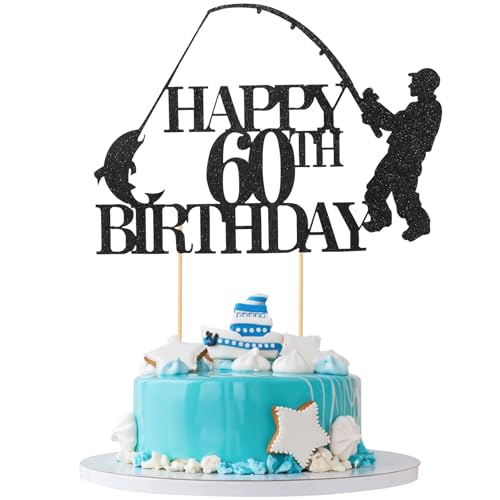 Fishing Cake Topper, Fisherman Happy Birthday Cake Toppers, Fisherman Theme Happy Birthday Party Decoration for Men, Dad, Fishing Lover 60th (Black) von HaoHanEup