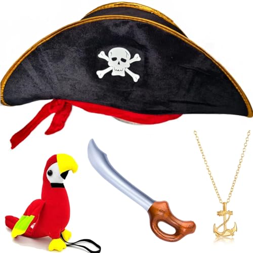 Piratenhut und gefüllte Schultern, Papageien- und Piratenschwert und Anker-Halskette, Piratenkostüm-Zubehör, Piraten-Totenkopf-Aufnäher, für Damen, Herren, Kinder, Erwachsene, Halloween, Schulshows von Haokixin