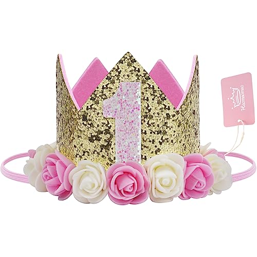 Baby Prinzessin Tiara Krone, Baby Mädchen / Kinder erster Geburtstag Hut Sparkle Gold Blume Stil mit künstlichen Rosen Blume, Mittel Baby Prinzessin Tiara Krone, Baby Mädchen / Kinder erster Geburtstag Hut Sparkle Gold Blume Stil mit künstlichen Rosen Blume, Mittel von Haomaomao