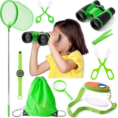 Haooryx Kinder Naturerforschungsspielzeug - Naturerforschung Kit Kinder Insektenfanggerät Schmetterlingsfänger Fernglas Kompassuhr Vergrößerungsglas Praktische Tasche Outdoor Aktivitäten 3-12 Jahre von Haooryx
