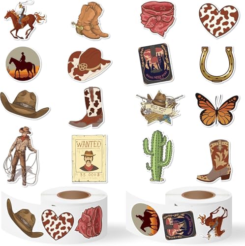 Haooryx 1000 Stück Western-Cowboy-Aufkleber-Rollen (2 Rollen) Cowboyhut Stiefel Kaktus Dekorative Sticker Kinder Cowboy-Fan Selbstklebend Für Jungen Wasserflaschen Scrapbook Geschenkpapier Dekoration von Haooryx