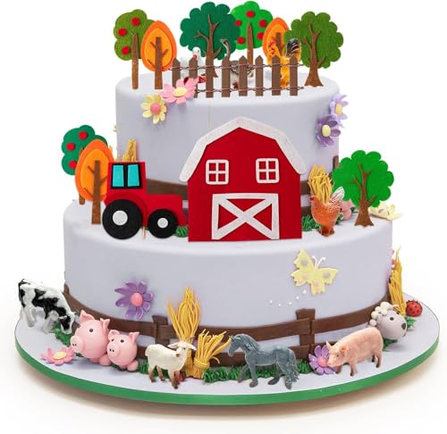 Haooryx 27-teiliges Bauernhof Tiere Geburtstagstorte-Dekoration Set - Miniaturfiguren Jungen Mädchen Geburtstag Baby Dusche Farmhaus Party Hochwertige Materialien Kreative Beliebte Partydekoration von Haooryx