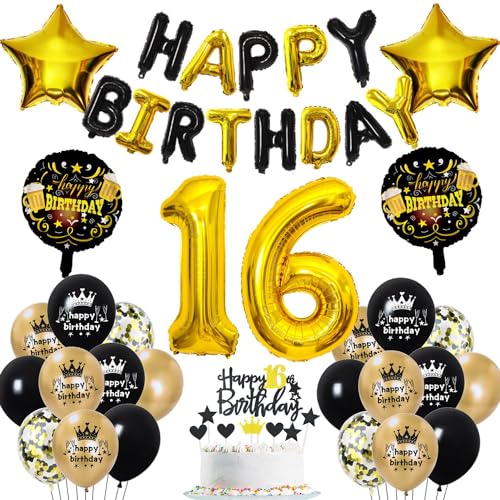 16 Geburtstag Deko Schwarz Gold 16. Geburtstag Junge Mädchen Gold 16 Jahr Geburtstagdeko 16. Ballon Deko 16 Jahr Party Decoration Luftballons 16 Schwarz 16 Tortendeko von Haosell