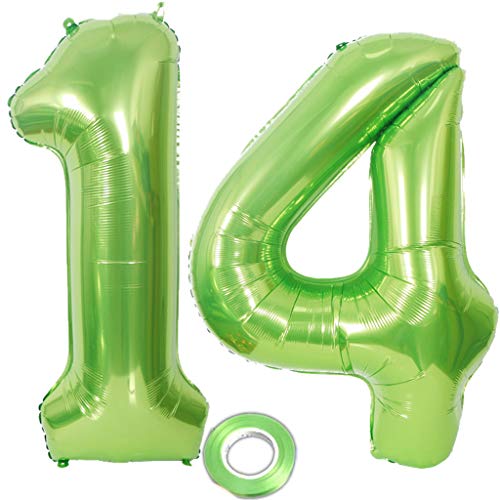 Haosell 2 Luftballons Zahl 14 Grün, Riesen Folienballon 14,40" Aufblasbar Heliumballon 14 jahre Geburtstag Deko Junge Mädchen (14) von Haosell