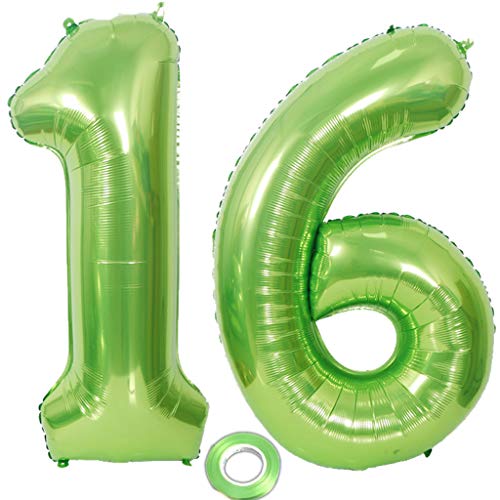 2 Luftballons Zahl 16 Grün, Zahlballon 16 Grün, Luftballons 16 Geburtstag deko Junge Mädchen Grün XXXL Riesen Folienballon 16,40"Aufblasbar Heliumballon 16 jahre Geburtstag Deko Junge Mädchen(16) von Haosell