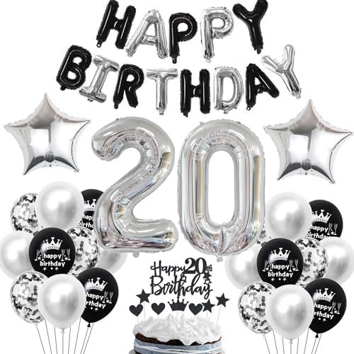 20 Geburtstag Deko Schwarzes Silber Deko 20. Geburtstag Mann Schwarz Tortendeko 20 Geburtstag Frau 20 Geburtstag Dekoration 20 Jahre Schwarz Silber Party Ballons 20. Geburtstag Schwarz Silber von Haosell
