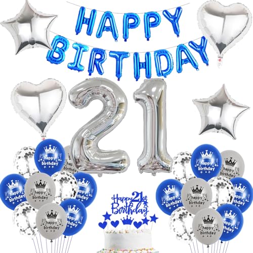 Luftballon 21.Geburtstag Junge blau silber deko Folienballon 21 jahre Geburtstags deko Junge mädchen silber happy Birthday 21th Geburtstagsdeko 21 Ballon 21 jahre Geburtstag mädchen Dekoration (21) von Haosell