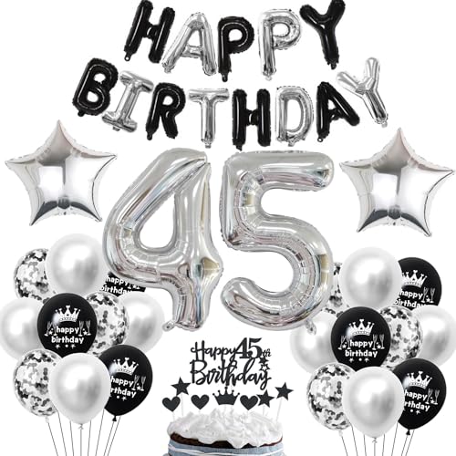 45. Geburtstag Deko Schwarz Silber für Mann und Frau - Tortendeko, Dekoration, Party Ballons - 45 Jahre Feier Set von Haosell