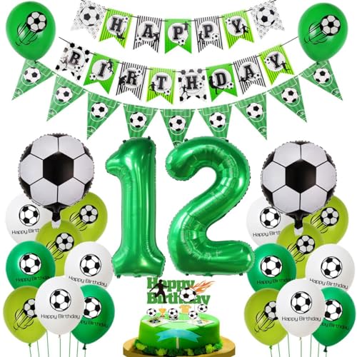 Fußball 12. Geburtstag Deko Set - Luftballons, Tortendeko für Jungen in Grün von Haosell