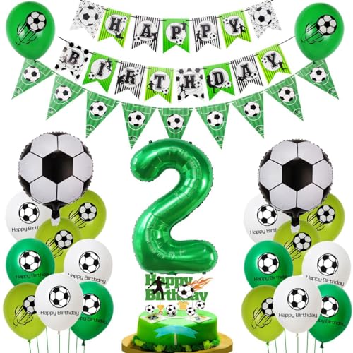 Fußball 2. Geburtstag Deko Set - Luftballons, Tortendeko für Jungen in Grün von Haosell