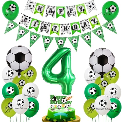 Fußball 4. Geburtstag Deko Set - Luftballons, Tortendeko für Jungen in Grün von Haosell