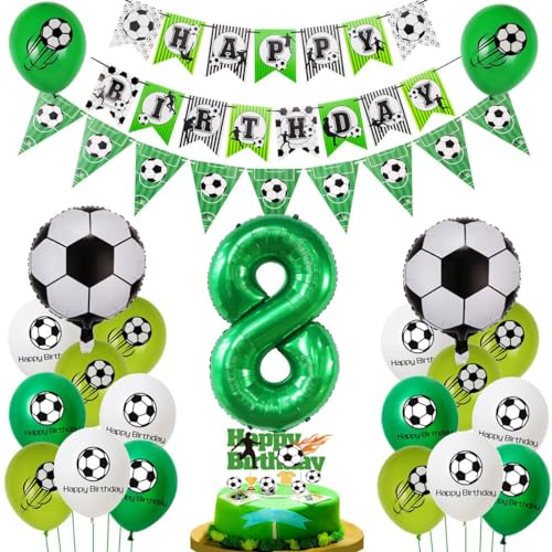 Fußball 8. Geburtstag Deko Set - Luftballons, Tortendeko für Jungen in Grün von Haosell