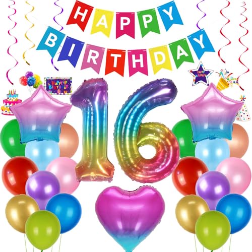 Geburtstagsdeko Mädchen 16 Jahr, Luftballon 16. Geburtstag Lila, Mehrfarbig 16 Jahr Geburtstagsdeko Mädchen, Deko 16. Geburtstag, Ballon 16.Deko Regenbogen,Bunt 16. Ballon von Haosell
