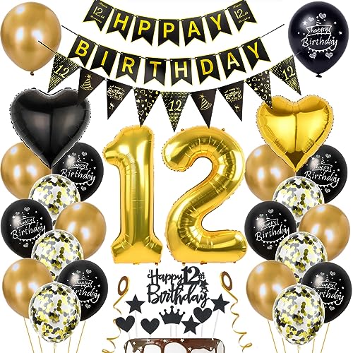 Gold 12. Geburtstag Dekoration Junge Mädchen 12 Geburtstag Deko 12 Jahr Geburtstagdeko 12. Ballon Schwarz Gold Deko 12. Geburtstag Luftballons Schwarz Gold Mädchen 12. Geburtstag Party Deko von Haosell