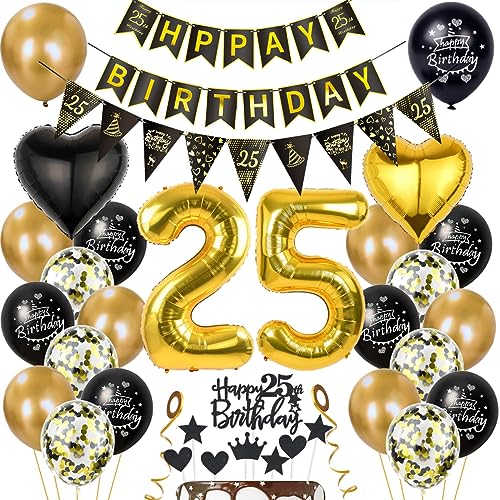 Gold 25. Geburtstag Dekoration für Mann und Frau - Schwarz-Gold Ballon Deko Set mit Luftballons für 25 Jahre Party von Haosell