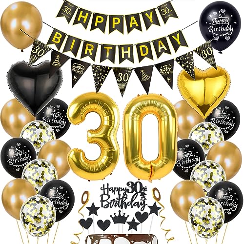 Gold 30. Geburtstag Dekoration für Mann und Frauen - Schwarz-Gold Ballon Deko Set mit Luftballons für 30. Jahr Party von Haosell