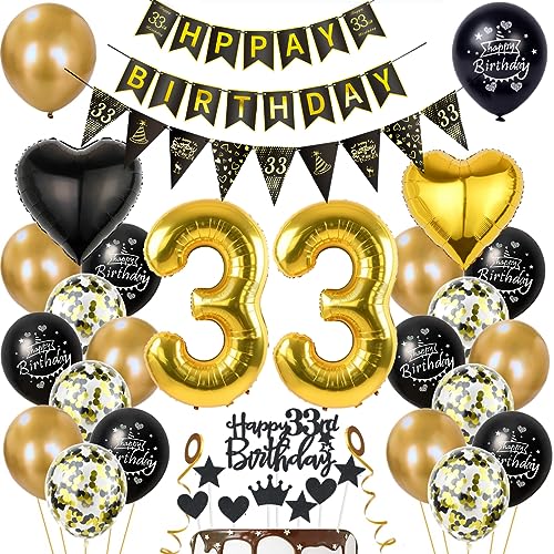 Gold 33. Geburtstag Dekoration für Mann und Frau - Schwarz-Gold Ballon Deko Set mit Luftballons für 33 Jahre Party von Haosell