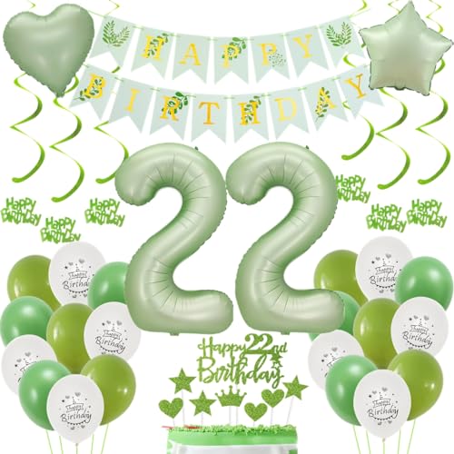 Grün Deko 22. Geburtstag - Luftballons Salbeigrün für Frauen und Männer - Dekoration Set für 22 Jahre Grün Deko 22. Geburtstag - Luftballons Salbeigrün für Frauen und Männer - Dekoration Set für 22 Jahre von Haosell