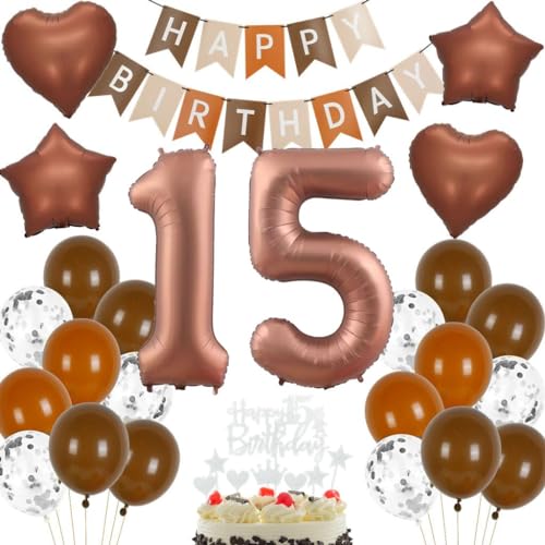 Haosell 15. Geburtstag Deko: Braun, Beige Ballons, Stern, Herz, Happy Birthday Banner, Tortendeko & Band von Haosell