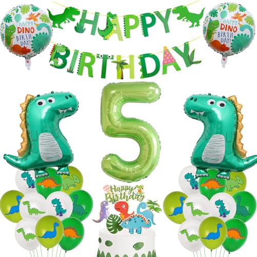 Haosell Dino Geburtstag Deko 5 Jahre, Dinosaurier BallonSet mit Happy Birthday Girlande, Dino Tortendeko & 20 Luftballons für Jungen (5 Jahre) von Haosell