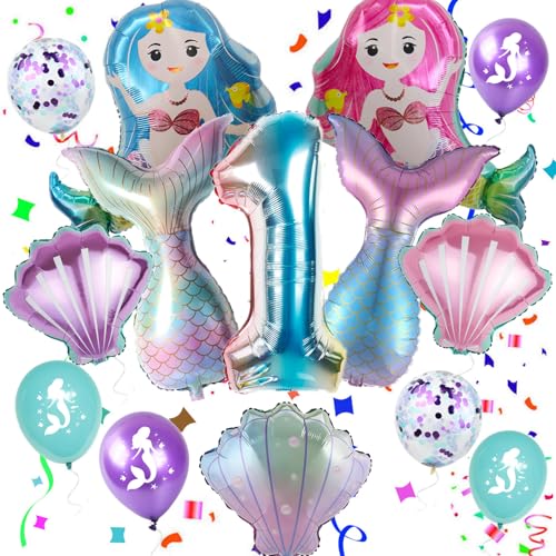 Haosell Meerjungfrau Großes Luftballon 1 Jahr Kindergeburtstag Deko Mädchen Bunt Meerjungfrau Ballon - 1x XXL Meerjungfrau Ballon+Zahl 1 Zahlen-Ballon +1 Schale Ballon + 4 x Konfetti-Ballon (1) von Haosell