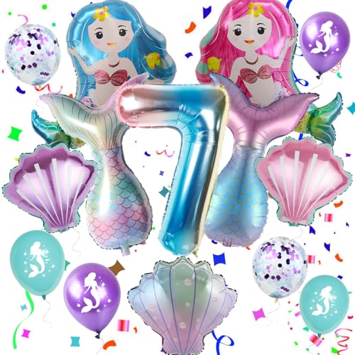 Haosell Meerjungfrau Großes Luftballon 7 Jahr Kindergeburtstag Deko Mädchen Bunt Meerjungfrau Ballon - 1x XXL Meerjungfrau Ballon+Zahl 7 Zahlen-Ballon +1 Schale Ballon + 4 x Konfetti-Ballon von Haosell