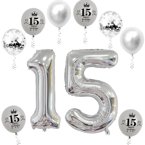 Haosell XL Folienballon 15 Geburtstag, Zahl 15 Silber, Luftballon 32" Geburtstagsdeko von Haosell