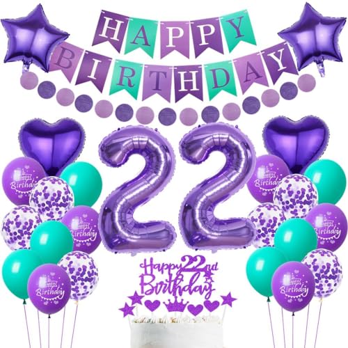 Lila 22. Geburtstag Deko Set - Luftballons, Tortendeko, Party Dekoration für Frauen - Zahl 22 Ballon von Haosell