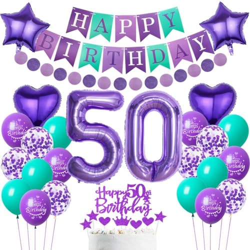 Lila 50. Geburtstag Deko Set - Luftballons, Tortendeko, Party Dekoration für Frauen - Zahl 50 Ballon von Haosell