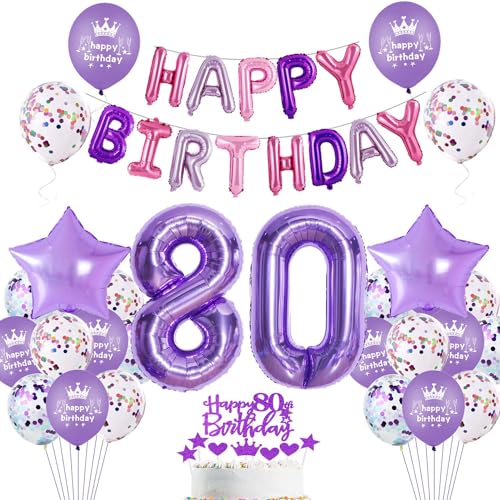 Lila 80. Geburtstag Deko für Frauen - Luftballons, Tortendeko, Partydekoration für 80 Jahre von Haosell