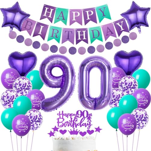 Lila 90. Geburtstag Deko Set - Luftballons, Tortendeko, Party Dekoration für Frauen - Zahl 90 Ballon von Haosell