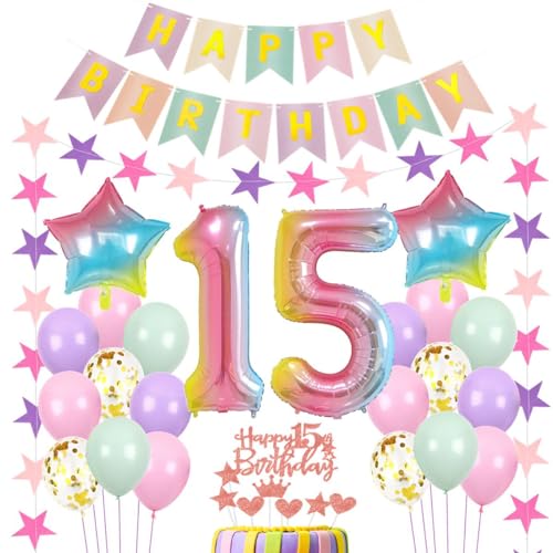 Luftballon 15. Geburtstag Rosa, Geburtstagsdeko Mädchen 15 Jahr,15.Geburtstag deko für Mädchen,Geburtstagsdeko 15 Jahr ,Ballon 15. Regenbogen Luftballon 15 Jahr von Haosell