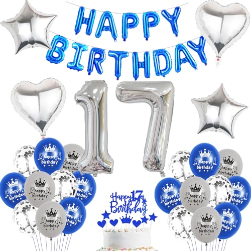 Luftballon 17.Geburtstag Junge blau silber deko Folienballon 17 jahre Geburtstags deko Junge mädchen silber happy Birthday 17th Geburtstagsdeko 17 Ballon 17 jahre Geburtstag mädchen Dekoration (17) von Haosell