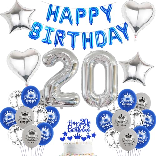 Luftballon 20.Geburtstag Junge blau silber deko Folienballon 20 jahre Geburtstags deko Junge mädchen silber happy Birthday 20th Geburtstagsdeko 20 Ballon 20 jahre Geburtstag mädchen Dekoration (20) von Haosell