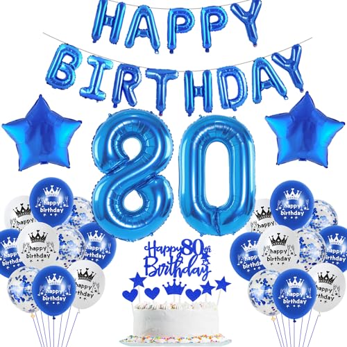 Blau Luftballon 80. Geburtstag Mann Deko - Folienballon, Happy Birthday Girlande Banner, Geburtstagsdeko für 80 Jahre Männer - Party Dekorationen von Haosell