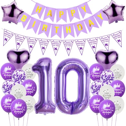Haosell Lila 10. Geburtstag Dekoration: Luftballons, Happy Birthday Girlande, Wimpel Banner, Konfetti, Stern Foilenballons, Herz Foilenballons, Ballons Bänder Haosell Lila 10. Geburtstag Dekoration: Luftballons, Happy Birthday Girlande, Wimpel Banner, Konfetti, Stern Foilenballons, Herz Foilenballons, Ballons Bänder von Haosell
