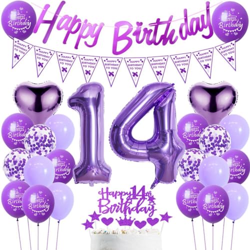 Luftballons Geburtstag 14. Mädchen Lila, 14. Geburtstag Dekoration Mädchen, Luftballons 14. Dekoration Lila,Deko 14. Ballon Geburtstagdeko 14 Jahre von Haosell