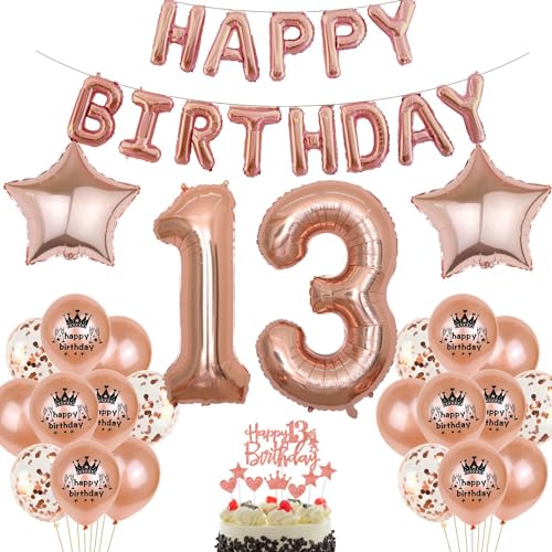 Rosegold Luftballon 13. Geburtstag Mädchen Dekorationen - Ballon Geburtstagsdeko Set Mit Happy Birthday Banner von Haosell
