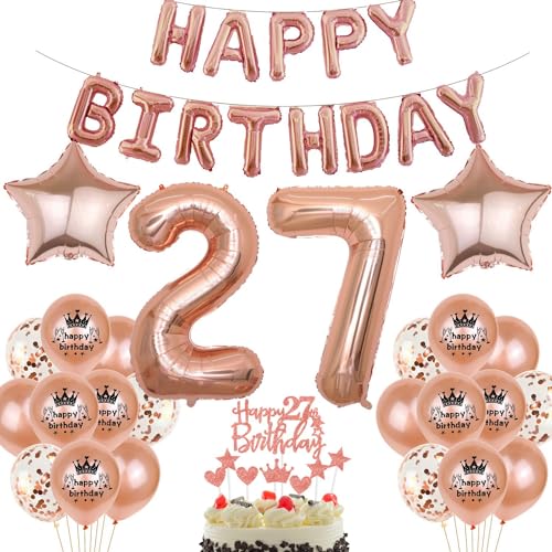 Rosegold 27. Geburtstag Dekorationen für Frauen - Luftballon, Ballon, Happy Birthday Banner - Geburtstagsdeko von Haosell