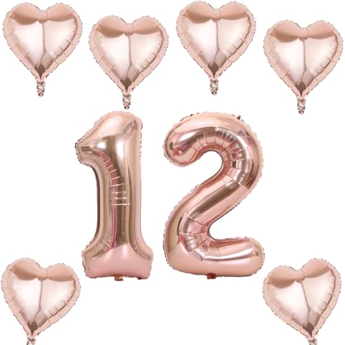 Roségold Zahlen Luftballon 12 +6 pcs herz Heliumballon 12. Geburtstag Deko für Mädchen,40" Roségold Riesen Folienballon 12 für 12 Jahre Geburtstag deko, Roségold Helium Zahlenballon 12 von Haosell