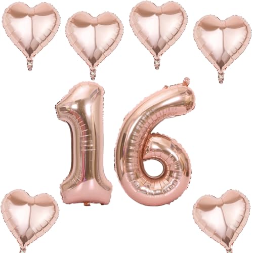 Roségold Zahlen Luftballon 16 +6 pcs herz Heliumballon 16. Geburtstag Deko für Mädchen,40" Roségold Riesen Folienballon 16 für 16 Jahre Geburtstag deko, Roségold Helium Zahlenballon 16 von Haosell