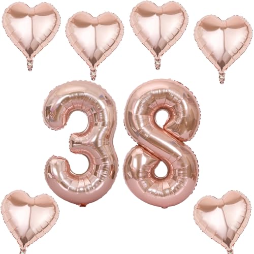 Roségold Zahlen Luftballon 38 +6 pcs herz Heliumballon 38. Geburtstag Deko für Frauen,40" Roségold Riesen Folienballon 38 für 38 Jahre Geburtstag deko, Roségold Helium Zahlenballon 38 von Haosell