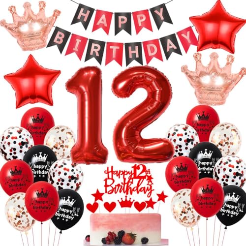 Rot Geburtstagsdeko 12 Jahr Mädchen, 12 Geburtstag Deko Schwarzes Rot, Luftballons 12. Geburtstag Mädchen Rot Schwarz, 12 Jahr Luftballons Geburtstag Schwarz Rot, 12. Geburtstag Party Deko Ballon von Haosell