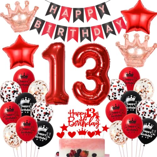 Rot-Schwarze Geburtstagsdeko für 13-Jährige Mädchen - Luftballons und Party Deko für 13. Geburtstag von Haosell
