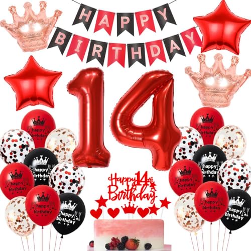Rot Schwarze Geburtstagsdeko für 14-Jährige Mädchen - Luftballons und Party Deko Set für 14. Geburtstag von Haosell
