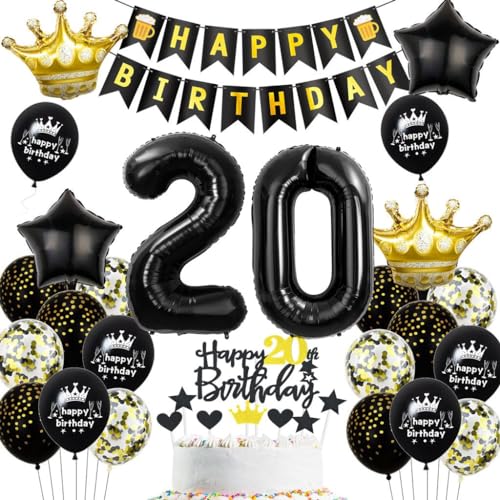 Schwarz Gold 20 Geburtstag Mann Frau Deko, Luftballons 20. Geburtstagdeko Schwarz Gold, 20. Geburtstag Dekoration, Schwarz Tortendeko Geburtstag 20 Jahre, Männer 20. Party Deko Gold Schwarz von Haosell