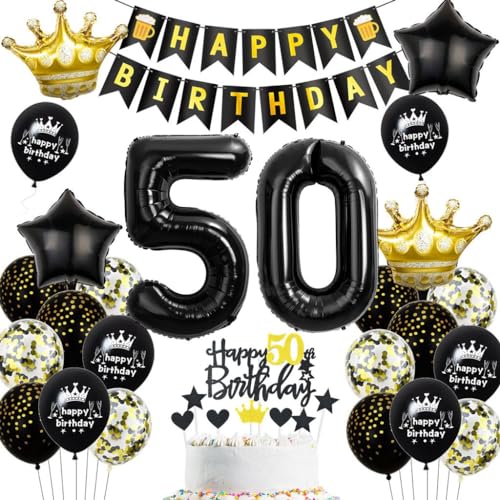 Schwarz Gold 50 Geburtstag Mann Frau Deko, Luftballons 50. Geburtstagdeko Schwarz Gold, 50. Geburtstag Dekoration, Schwarz Tortendeko Geburtstag 50 Jahre, Männer 50. Party Deko Gold Schwarz von Haosell